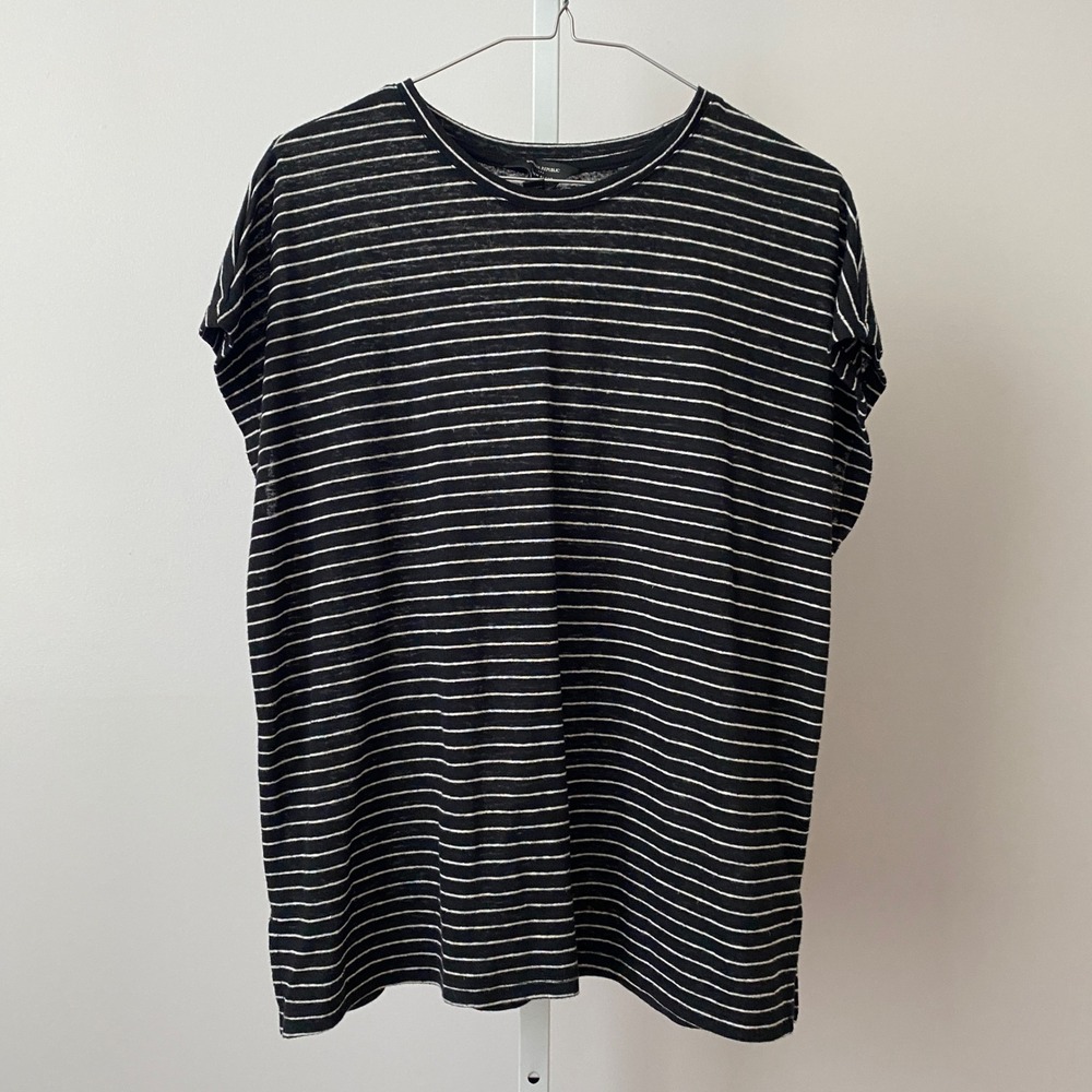 Banana Republic Linen Relaxed Coastal Clean Minimalist Striped Tee Medium Black